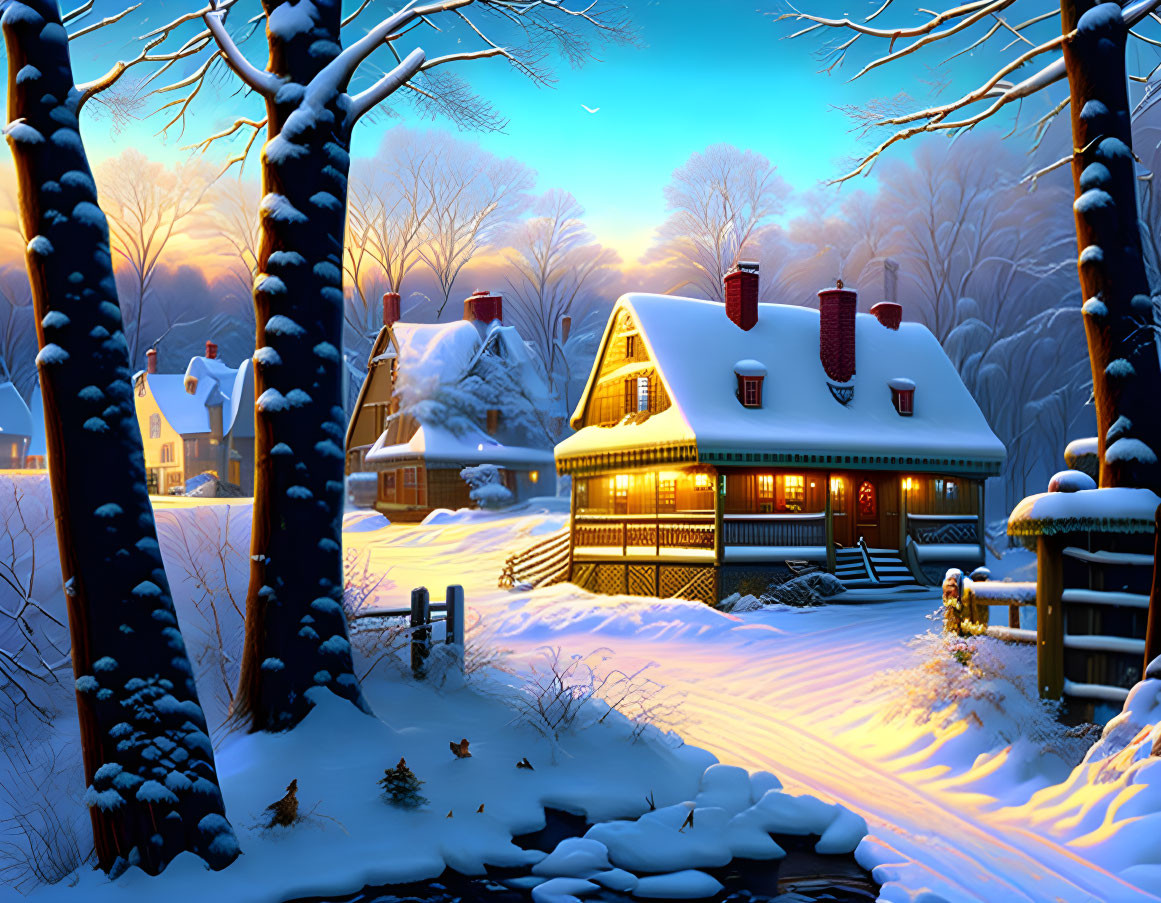 Snow-covered cottages in a winter twilight scene.