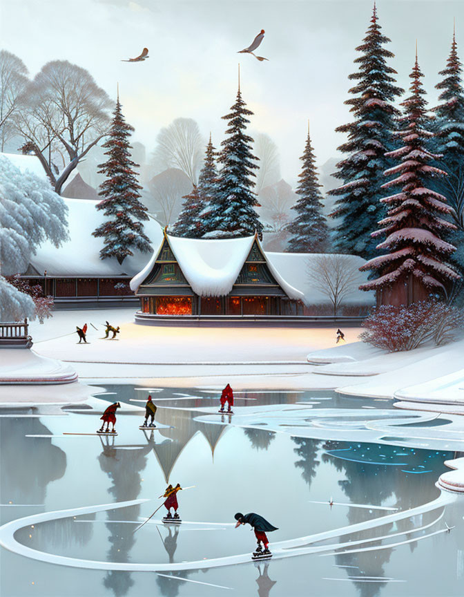 Winter landscape: ice skating on frozen pond, cozy cottage, snow-covered trees, birds in sky