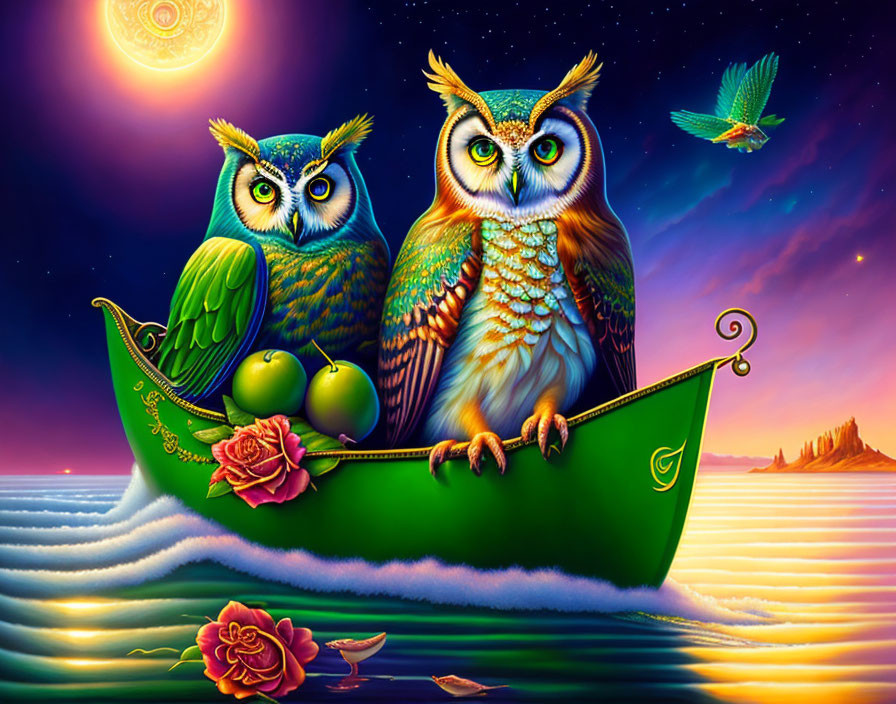 Colorful Owls in Green Boat with Rose, Apples, and Night Sky