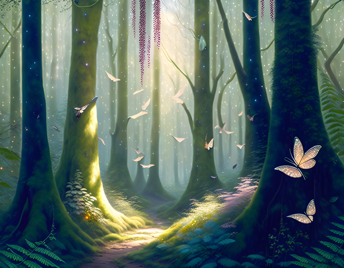 Enchanting forest scene with glowing butterflies and sunbeams