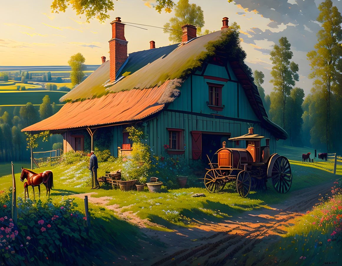 Rural scene with thatched-roof cottage, horse, carriage, man near well at sunset