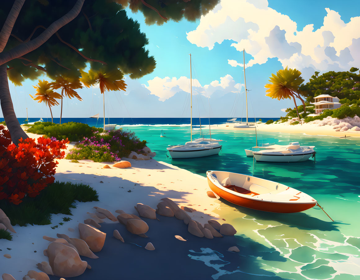 Tropical beach scene with turquoise waters and boats