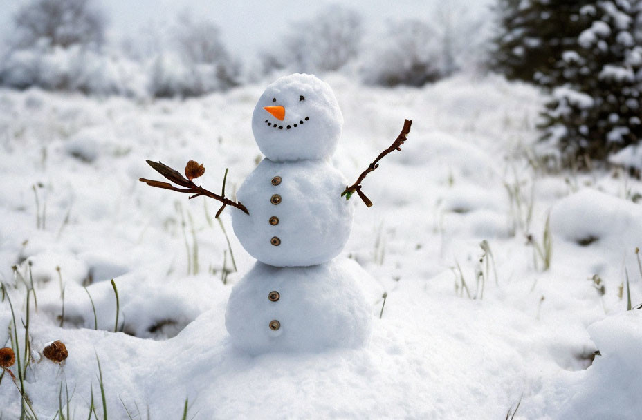 Cheerful snowman with carrot nose in snowy field