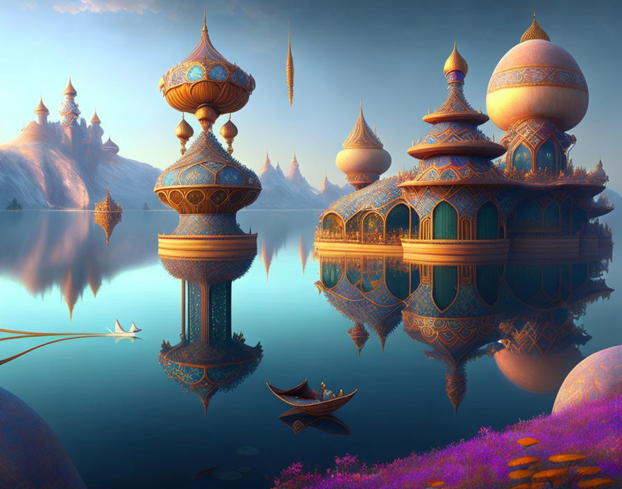 Ornate Floating Buildings in Twilight Landscape