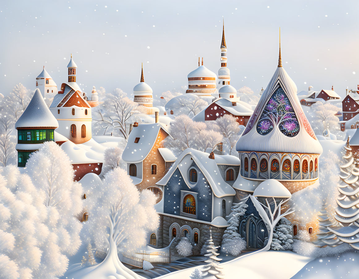 Snow-covered winter village with quaint houses and trees under a soft sky