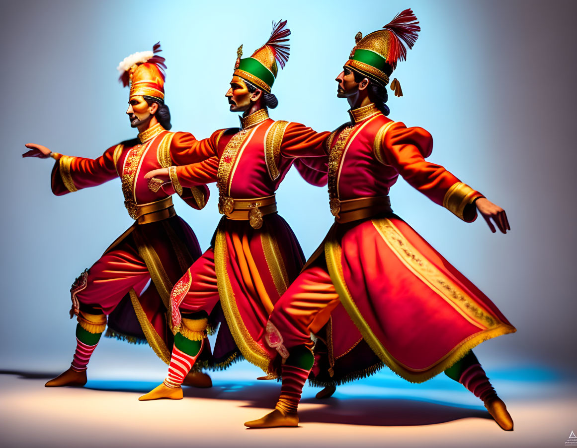 Colorful traditional attired performers in feathered turbans dance against gradient backdrop