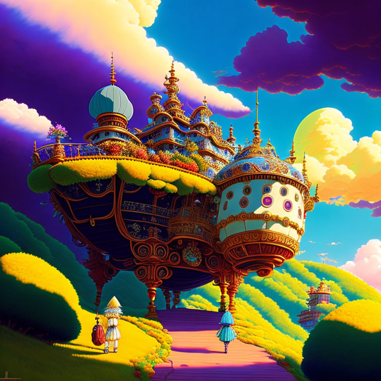 Elaborate floating ship above colorful landscape with figures and castle path