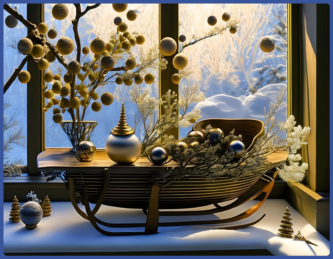 Winter-themed decorative sleigh with ornaments and branches by window at twilight