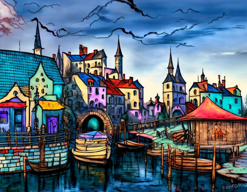 Colorful Stylized Illustration: Old European Town by River