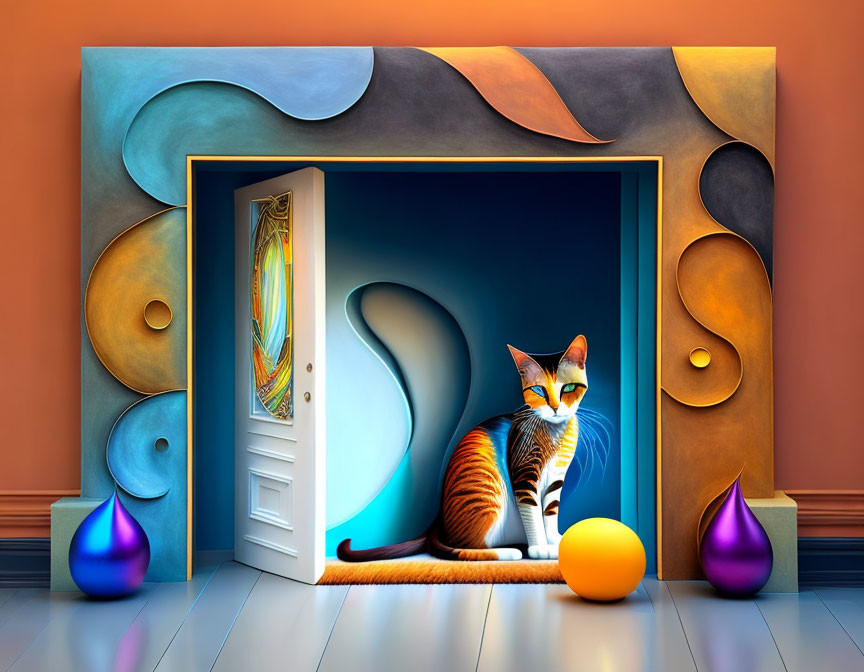 Colorful surrealist artwork: Cat in whimsical room with abstract elements and vibrant vases