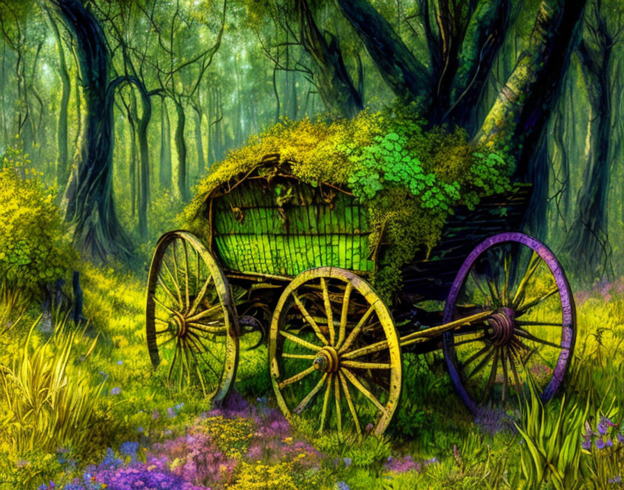 Abandoned wooden cart in lush forest with sunlight filtering through trees