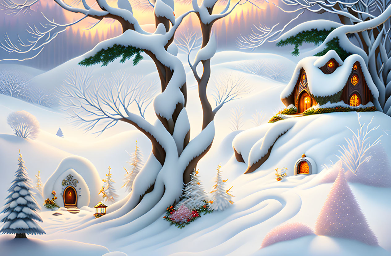 Snowy Winter Landscape with Cozy Cottages and Glowing Lights