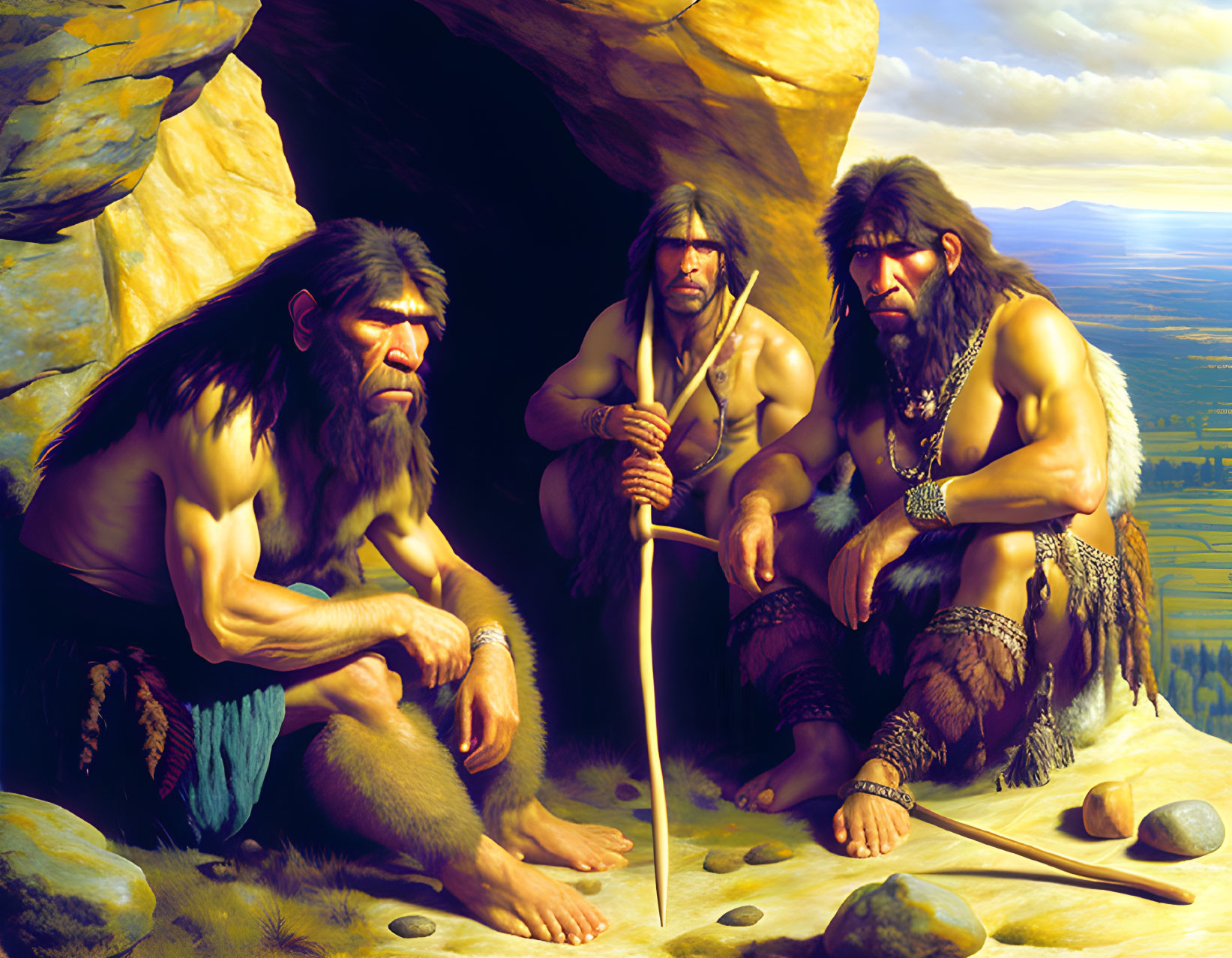 Prehistoric Men with Tools at Cave Entrance