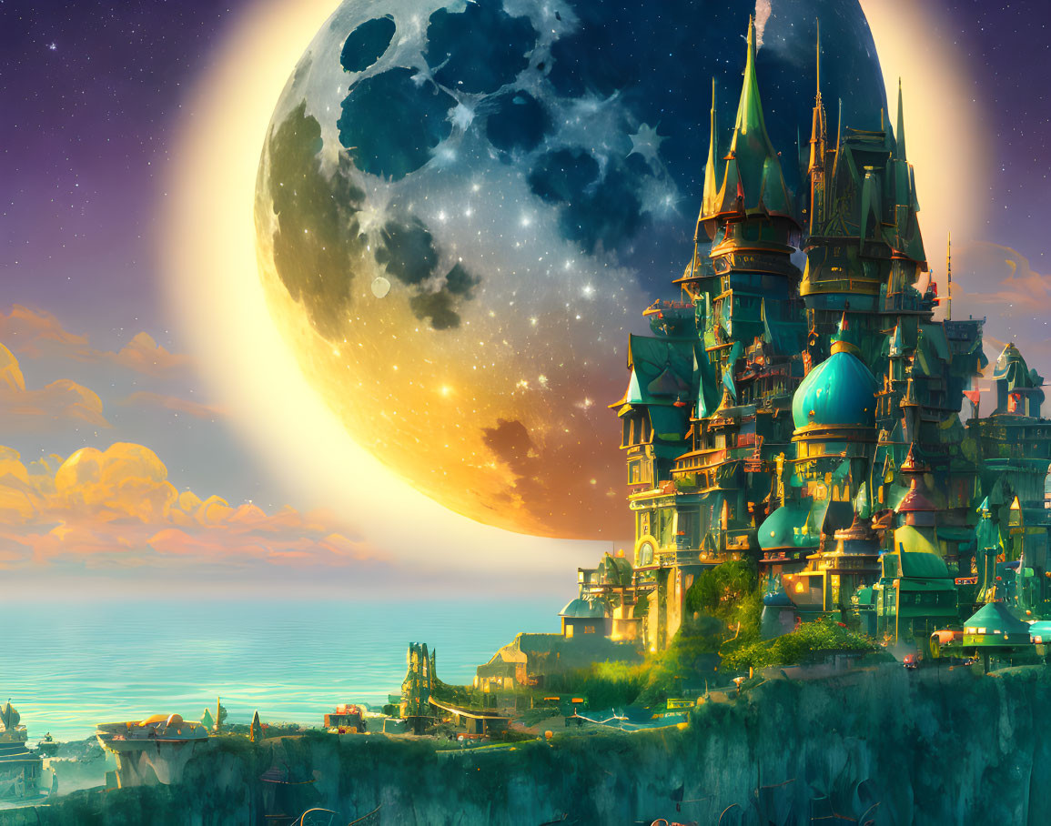 Fantastical castle with spires under starlit sky and oversized moon on cliff by sea