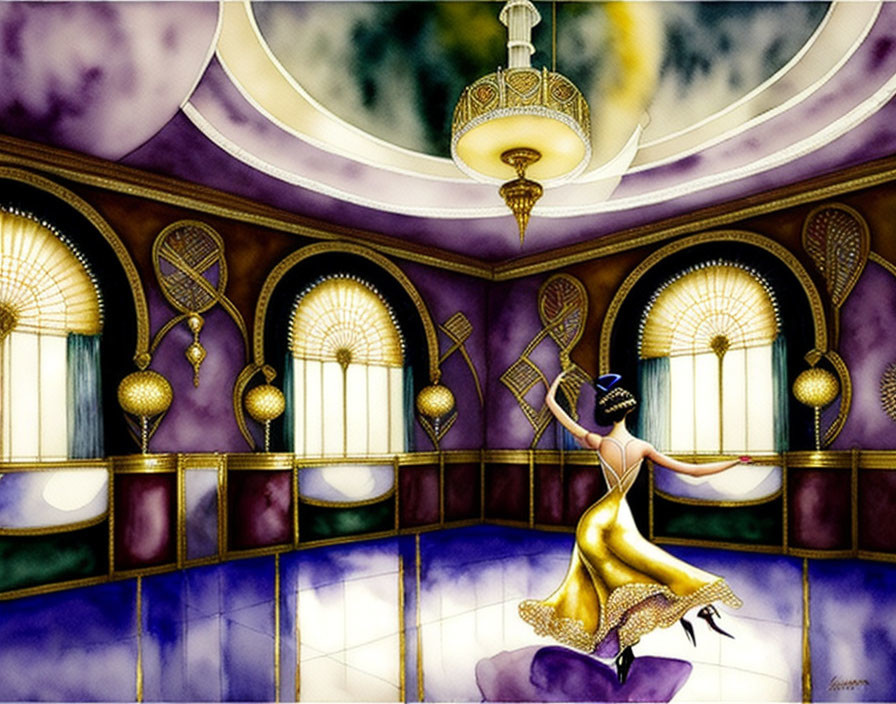 Art Deco style illustration: Woman in yellow dress dancing under chandeliers with badminton decor