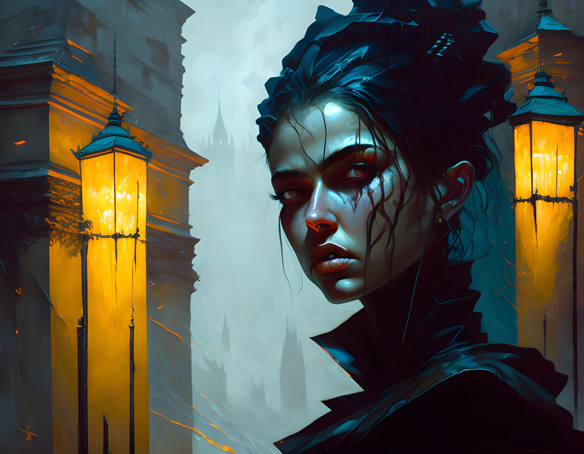 Digital artwork: Woman with dark, stylized hair in urban setting