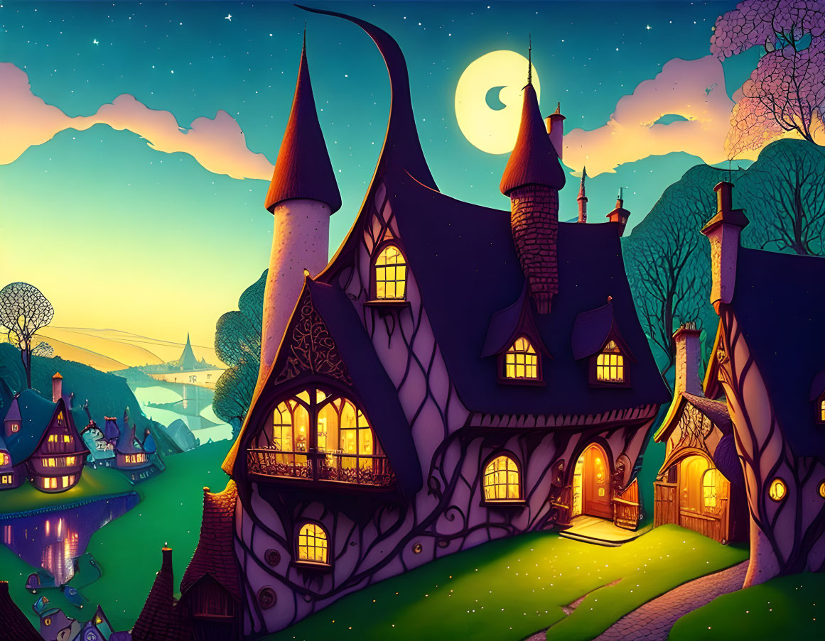 Whimsical illustration of magical house under starry night sky