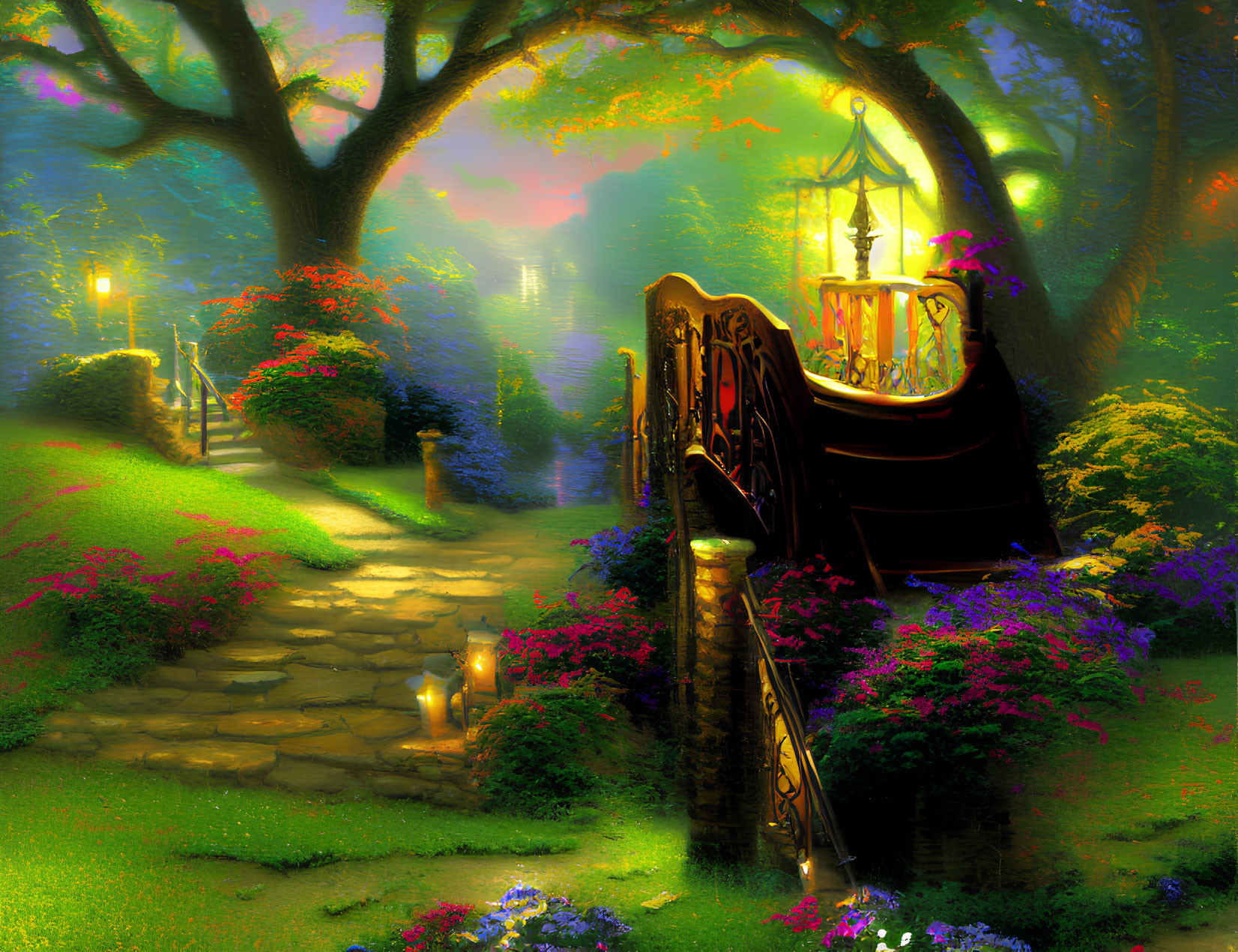 Enchanted garden path with illuminated gate, vibrant flowers, trees, and colorful sky.