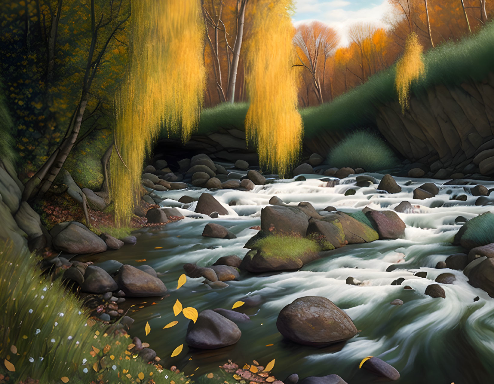 Tranquil autumn river landscape with colorful trees and scattered leaves