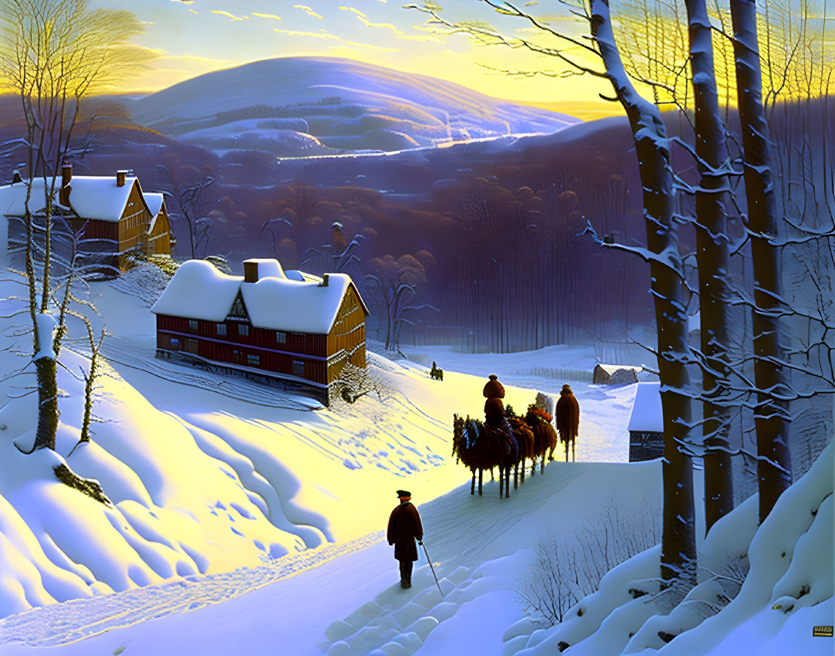 Snowy Winter Scene: Person Walking, Horse-Drawn Carriage, and Golden Sunset Illuminating