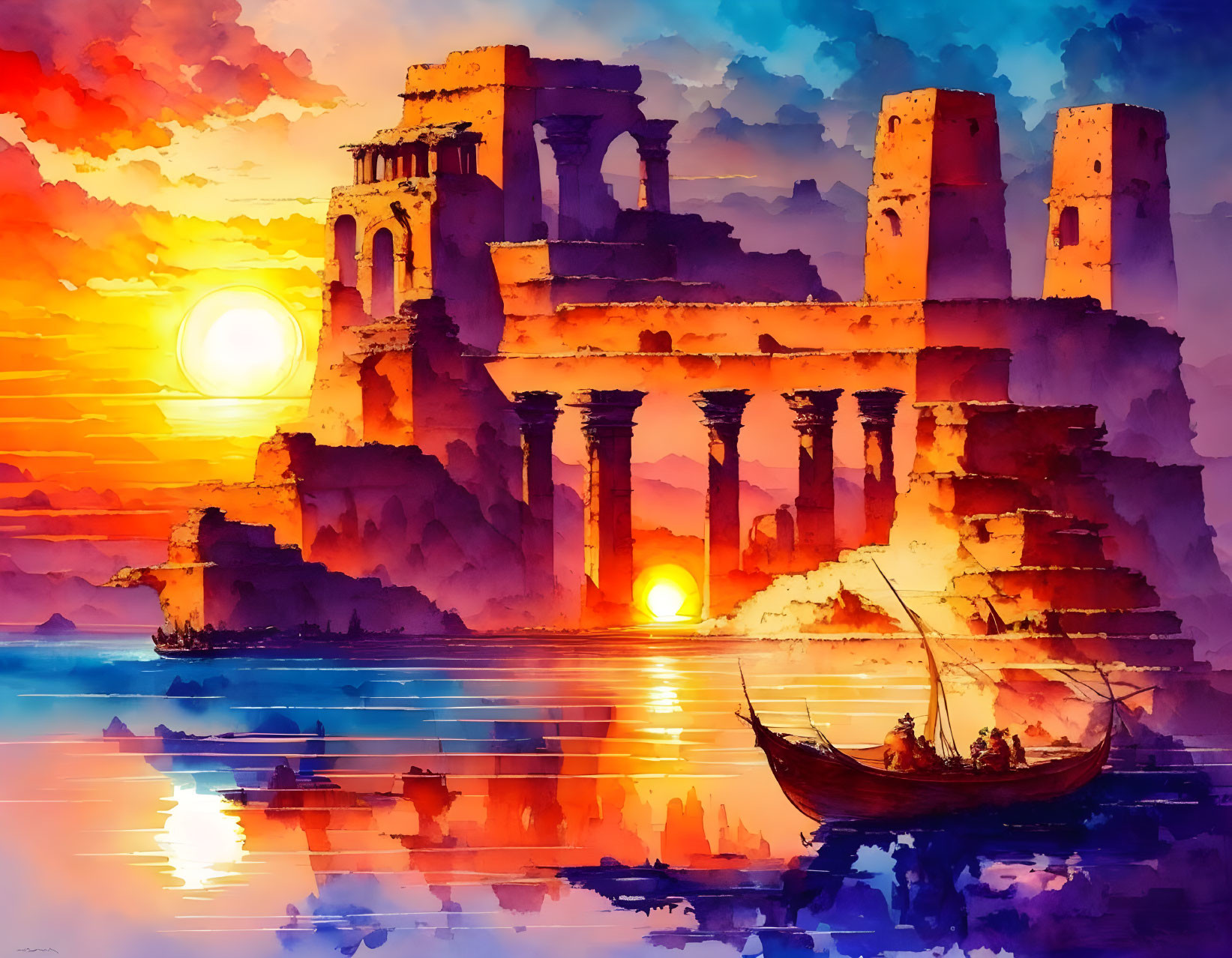 Ancient ruins watercolor painting: sunset sea view with boat