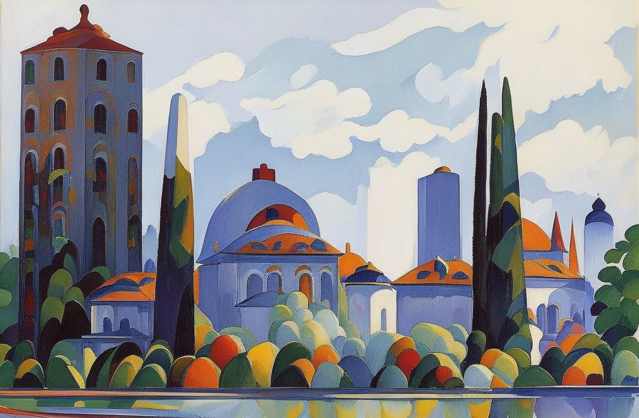 Vibrant Mediterranean landscape with domed buildings and cypresses