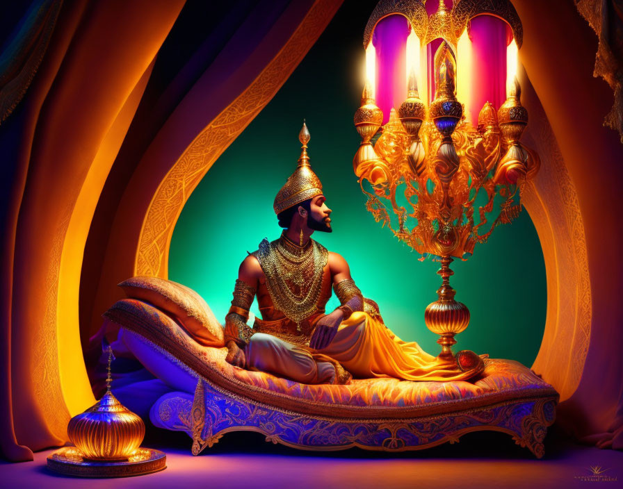 Regal figure in traditional attire reclining under lavish chandelier