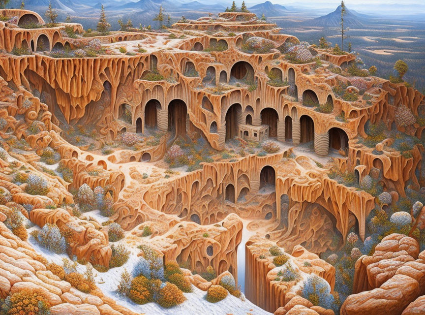 Fantastical cliffside settlement with arches, terraces, and vegetation under soft blue sky