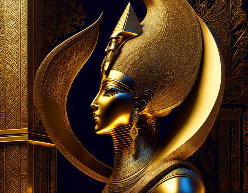 Egyptian goddess illustration: golden headdress, crescent moon, hieroglyphic patterns