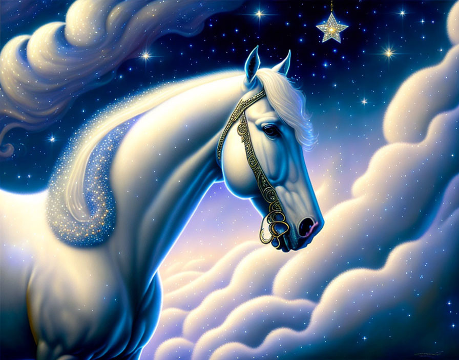 Majestic white horse with golden bridle in surreal setting