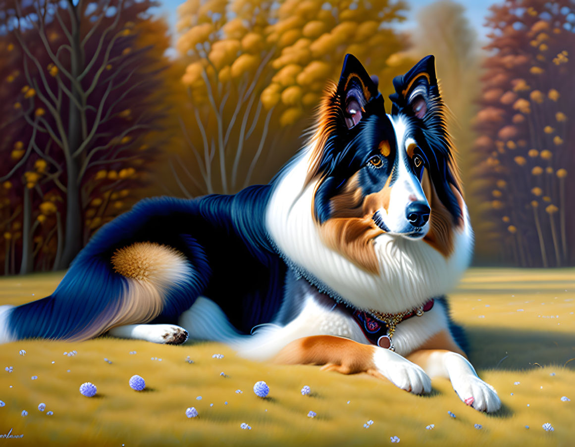 Tricolor Collie Dog in Fall Setting with Golden Trees and Blue Flowers