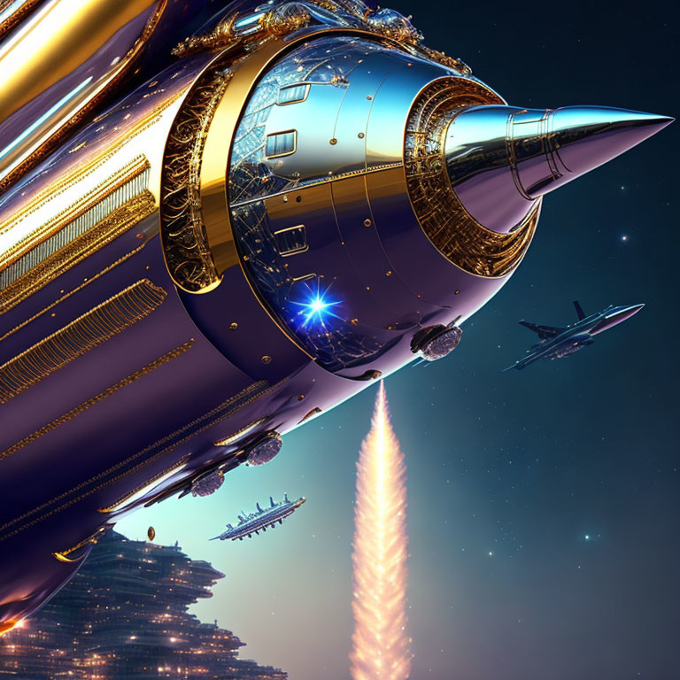 Golden spacecraft launching amidst skyscrapers and ships in a futuristic starry sky.