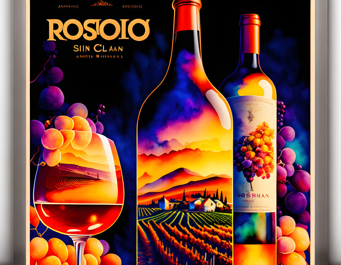 Illustrations of grapes, wine glass, vineyard, and bottles in Rosolio wine ad