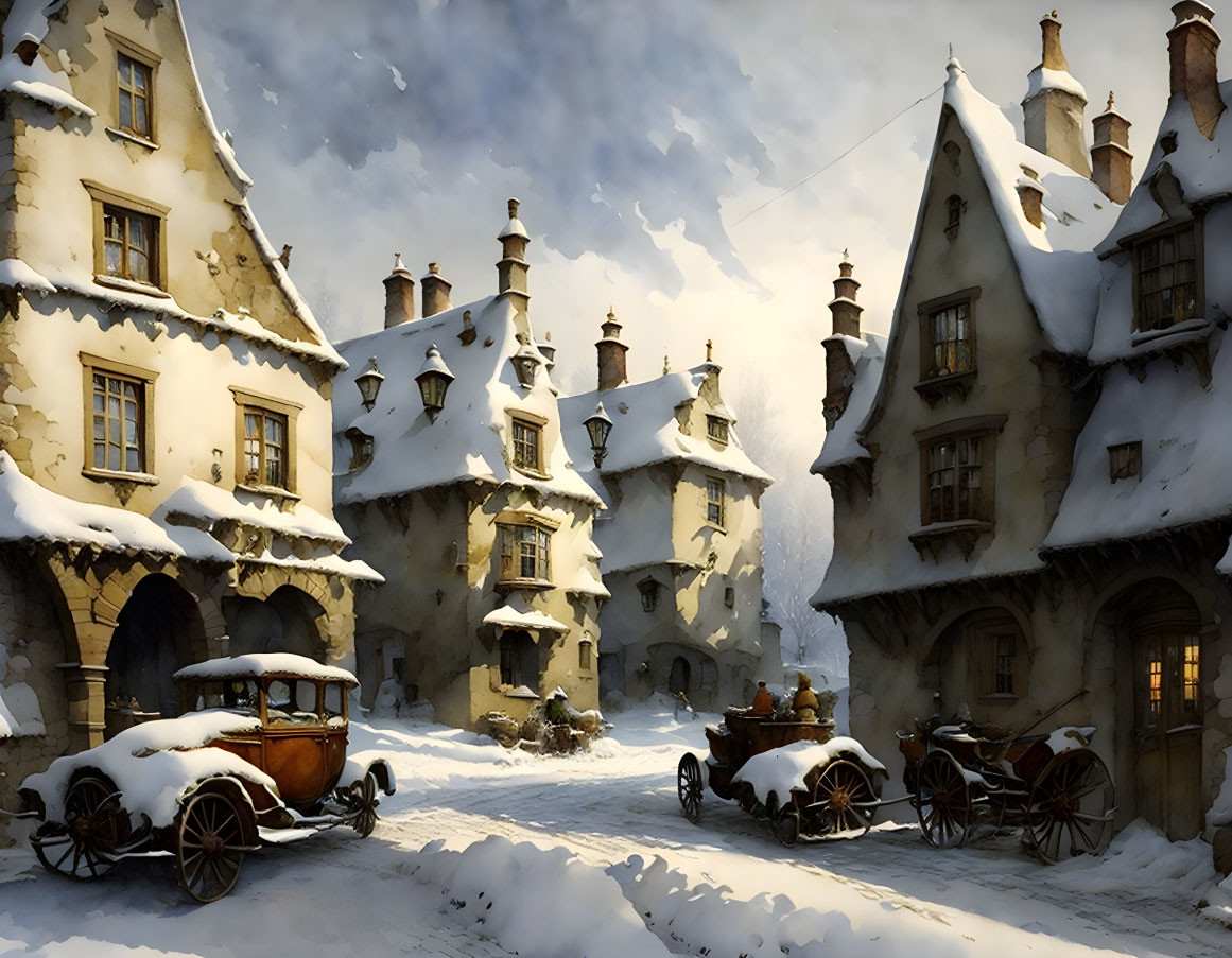 Snow-covered cobblestone street with vintage cars and medieval-style buildings in sunny winter scene