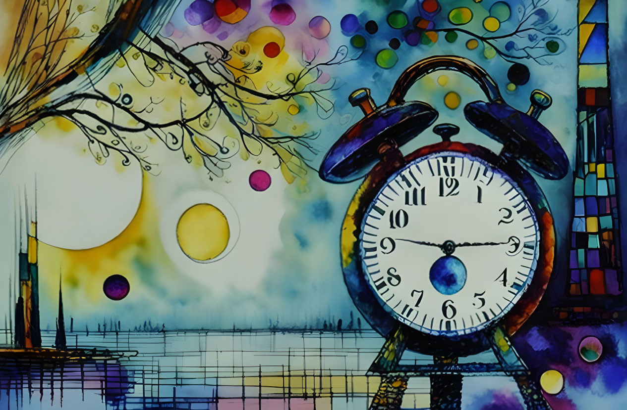 Colorful watercolor painting: vintage alarm clock, floating balloons, surreal scene