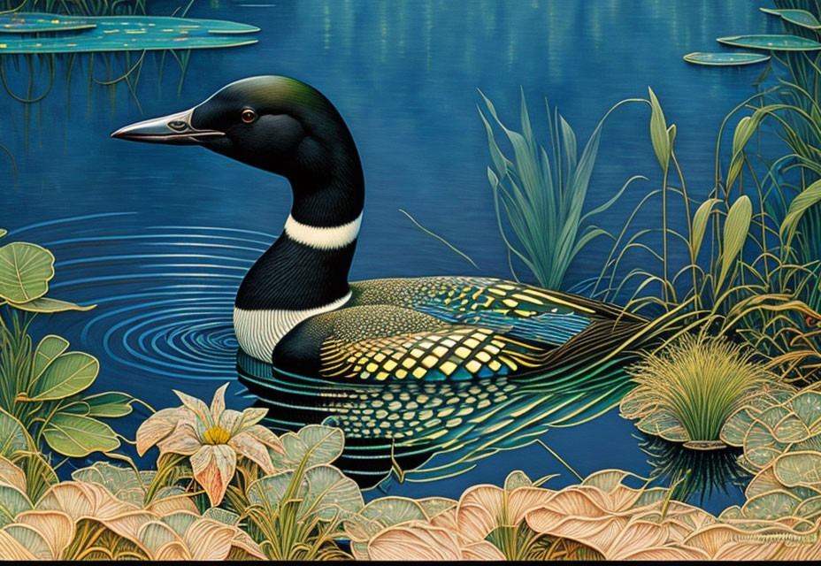 Stylized illustration of loon on blue lake with lily pads & aquatic plants