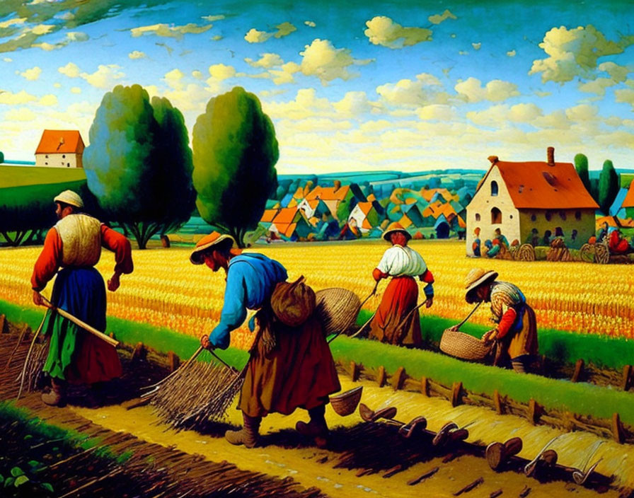 Rustic peasants harvesting wheat in village setting