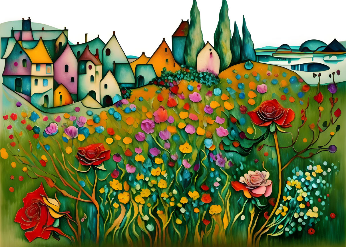 Vibrant floral landscape with stylized houses and clear sky