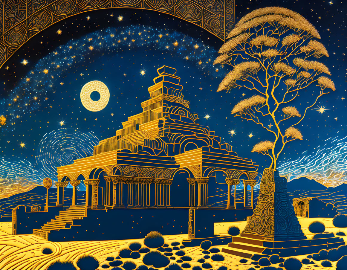 Gold and Blue Fantasy Landscape with Staircase and Ziggurat Under Starry Sky