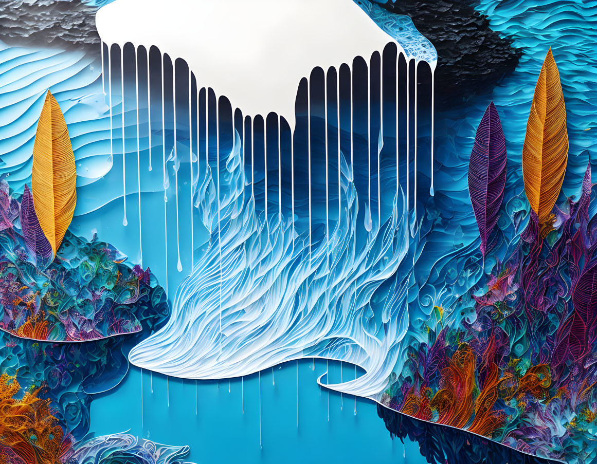 Colorful surreal landscape with abstract forms and water elements