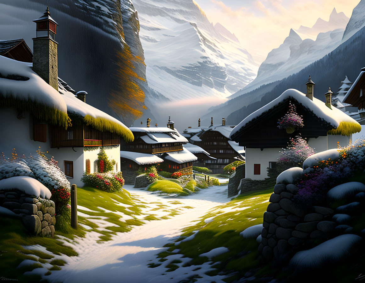 Snowy mountain village with chalets, flowers, and alpine peaks