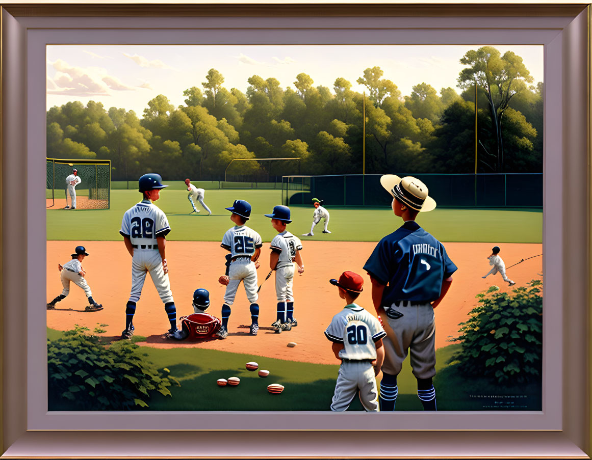 Youth Baseball Game Painting with Players and Spectators in Serene Park