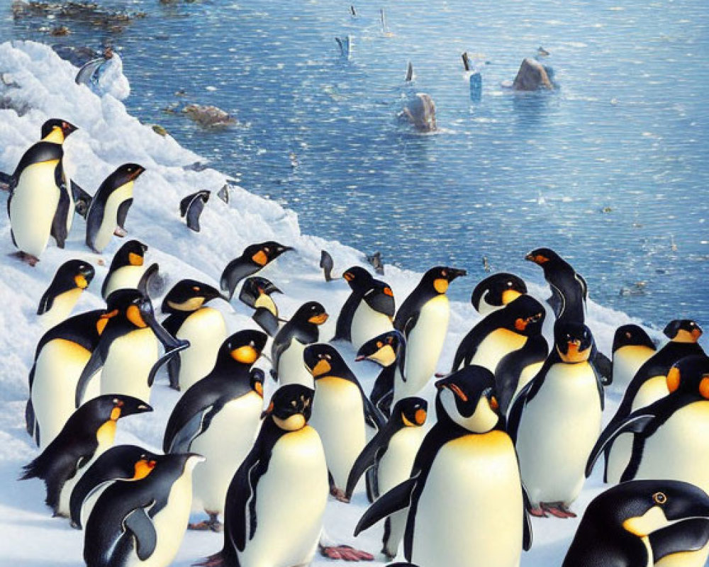 Penguins on snowy shore with icebergs, swimming in cold waters