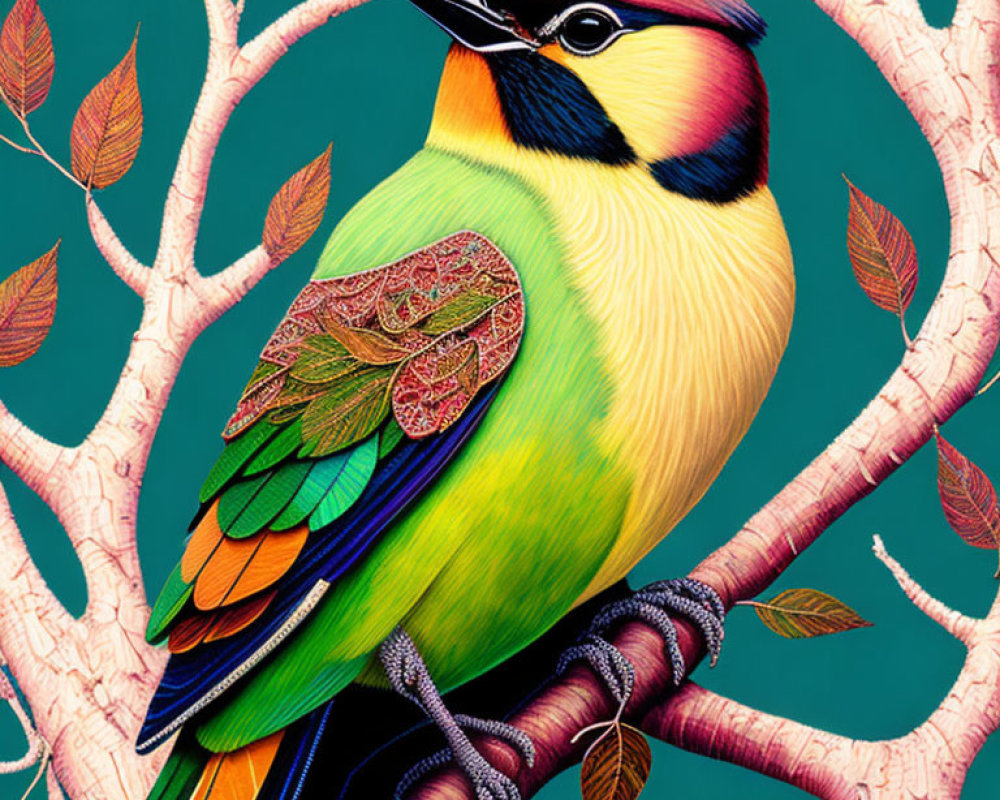 Colorful Bird Illustration with Yellow, Green, and Blue Feathers on Branch