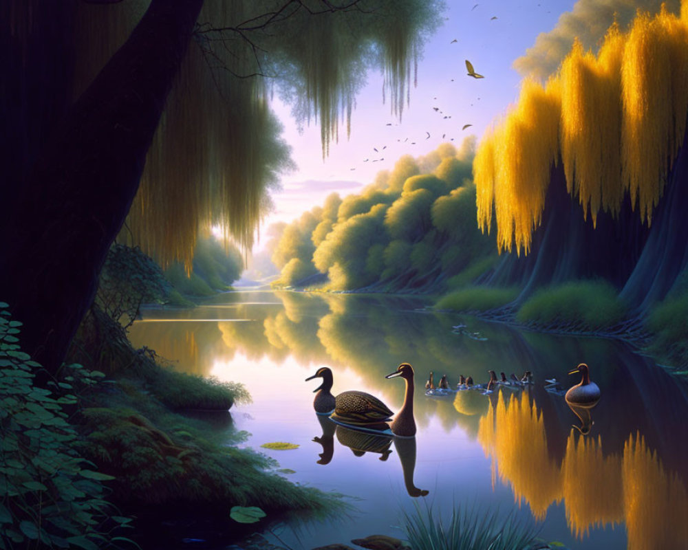 Tranquil dawn river scene with willow trees, golden foliage, reflecting water, and ducks.