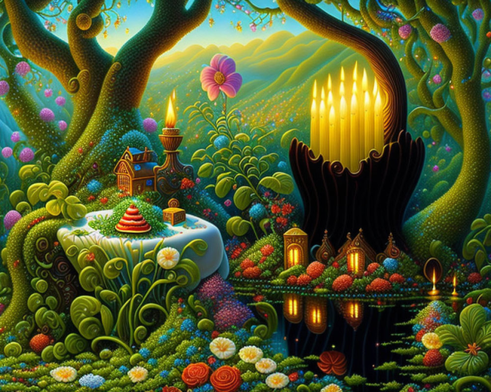 Enchanted forest scene with grand piano, glowing lanterns, and whimsical house