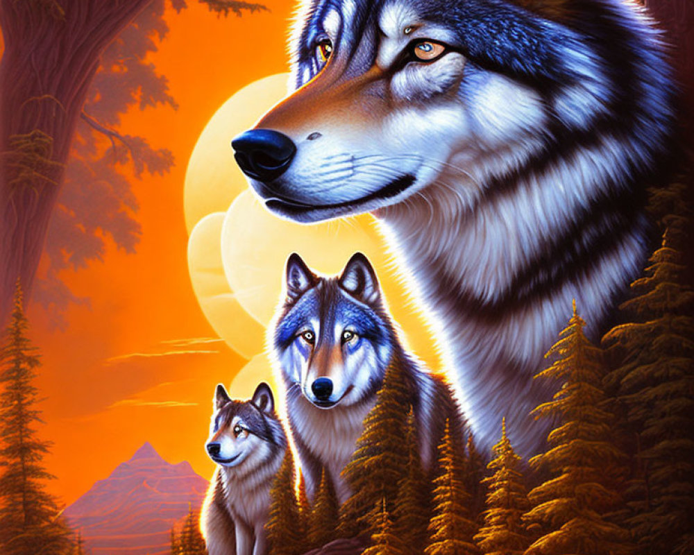 Three wolves in vibrant forest with golden sky and full moon