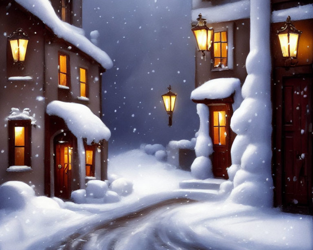 Snow-covered houses and glowing street lamps in a cozy evening scene