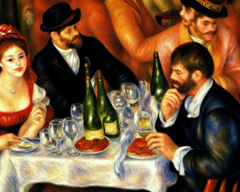 Colorful painting of people at a table with wine bottles and glasses, woman in red, men in