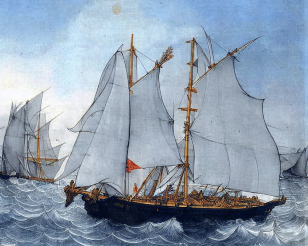 Sailing ship painting with billowed white sails on wavy blue ocean